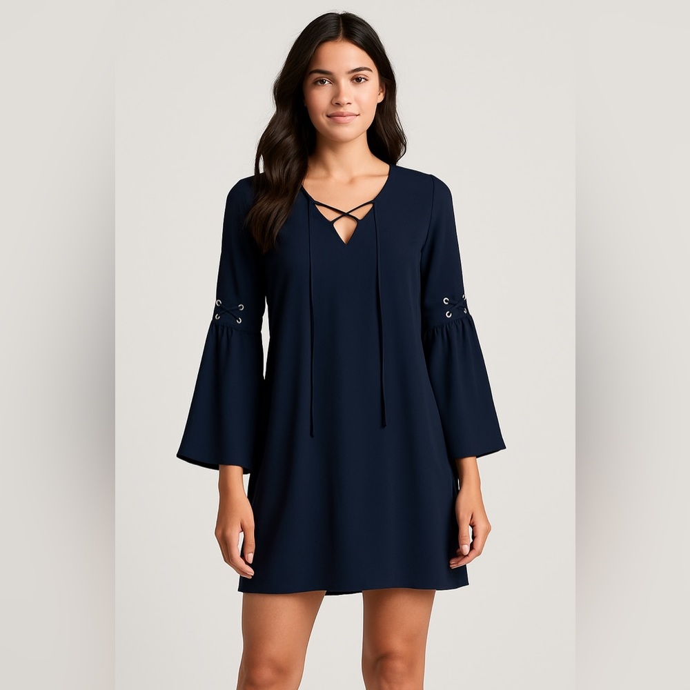 Venus Navy Blue Bell Sleeve Mini Dress Women’s Size S Lace-Up Detail Boho Party